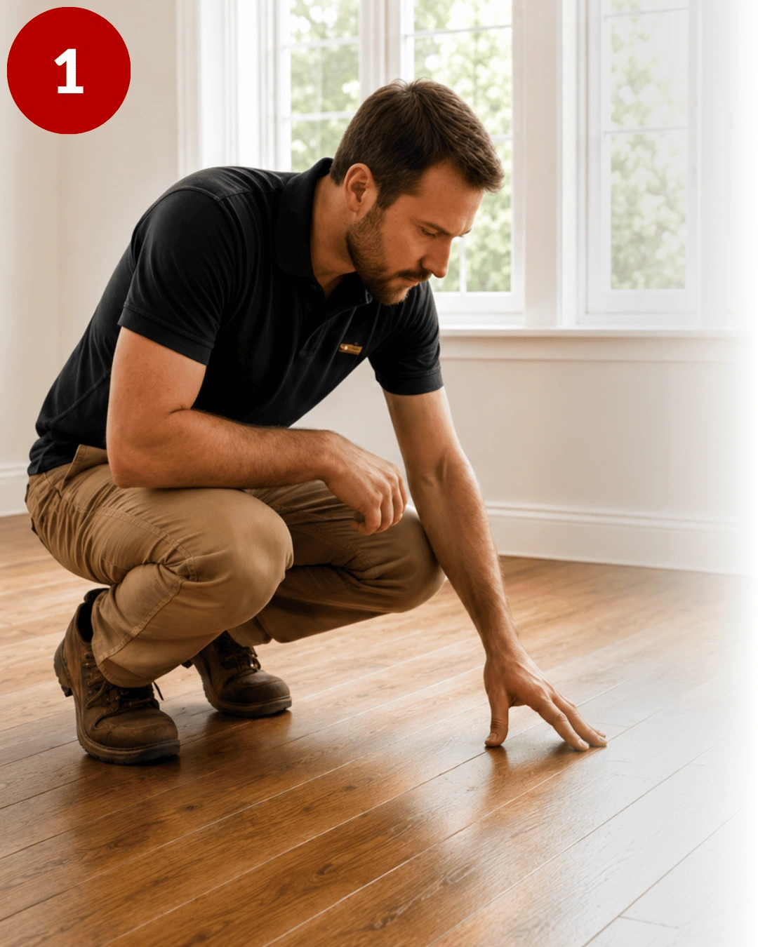 Floor sanding assessment showing a technician inspecting wooden flooring for wear, gaps, damage and suitability for restoration.