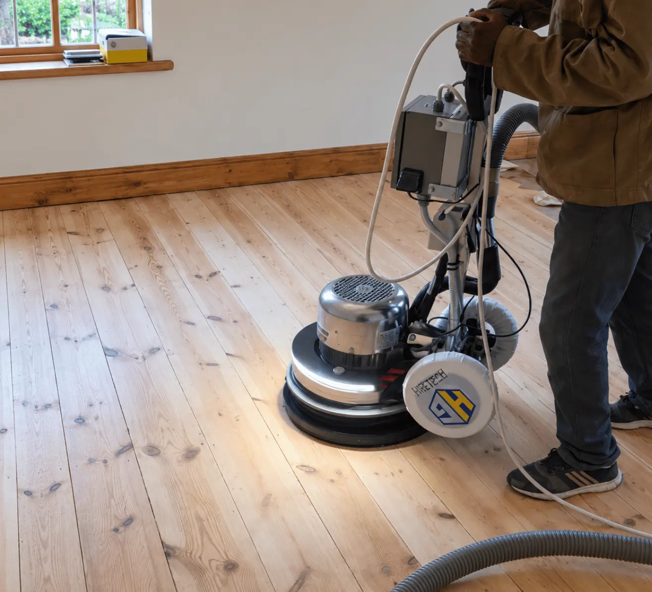 Floor sanding technician using professional sanding equipment on a wooden floor during a residential restoration project.