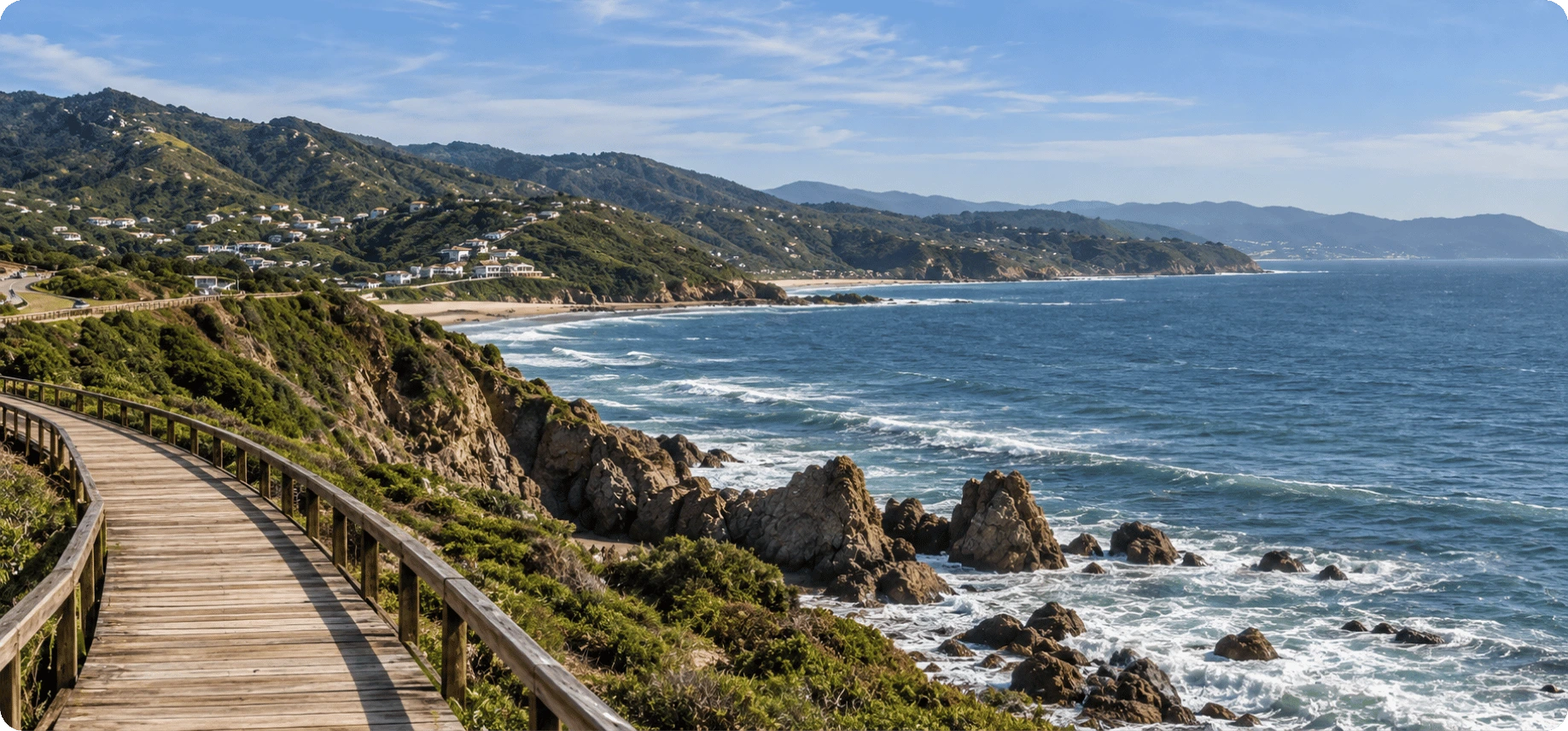 Floor sanding services along the Garden Route, shown with the rocky coastline, ocean, boardwalk and surrounding hills