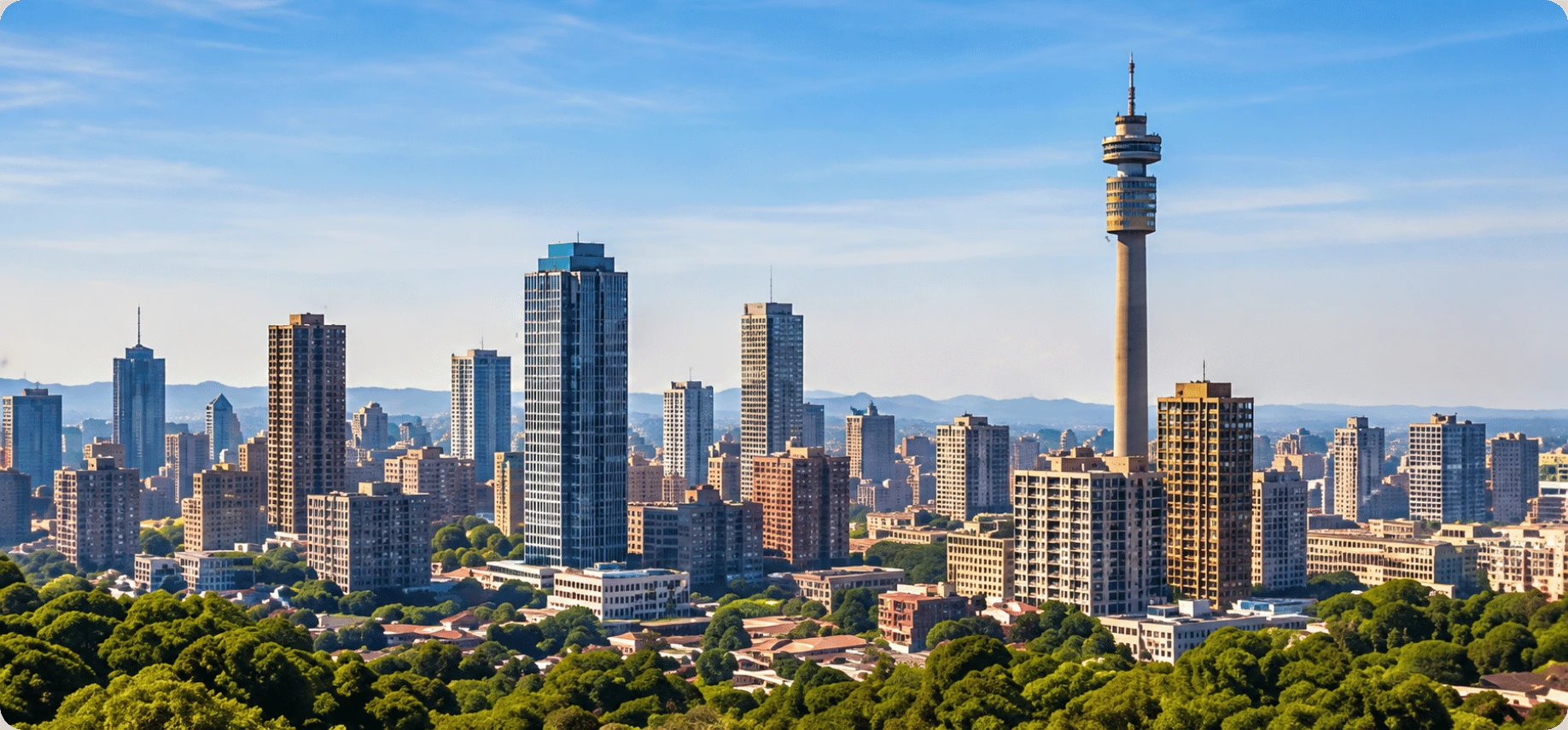 Floor sanding services in Johannesburg and Gauteng, shown with the city skyline, Hillbrow Tower and surrounding suburbs