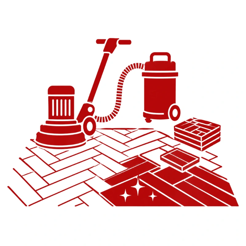 Parquet floor sanding illustration showing sanding equipment, dust extraction, loose blocks and refinished parquet flooring