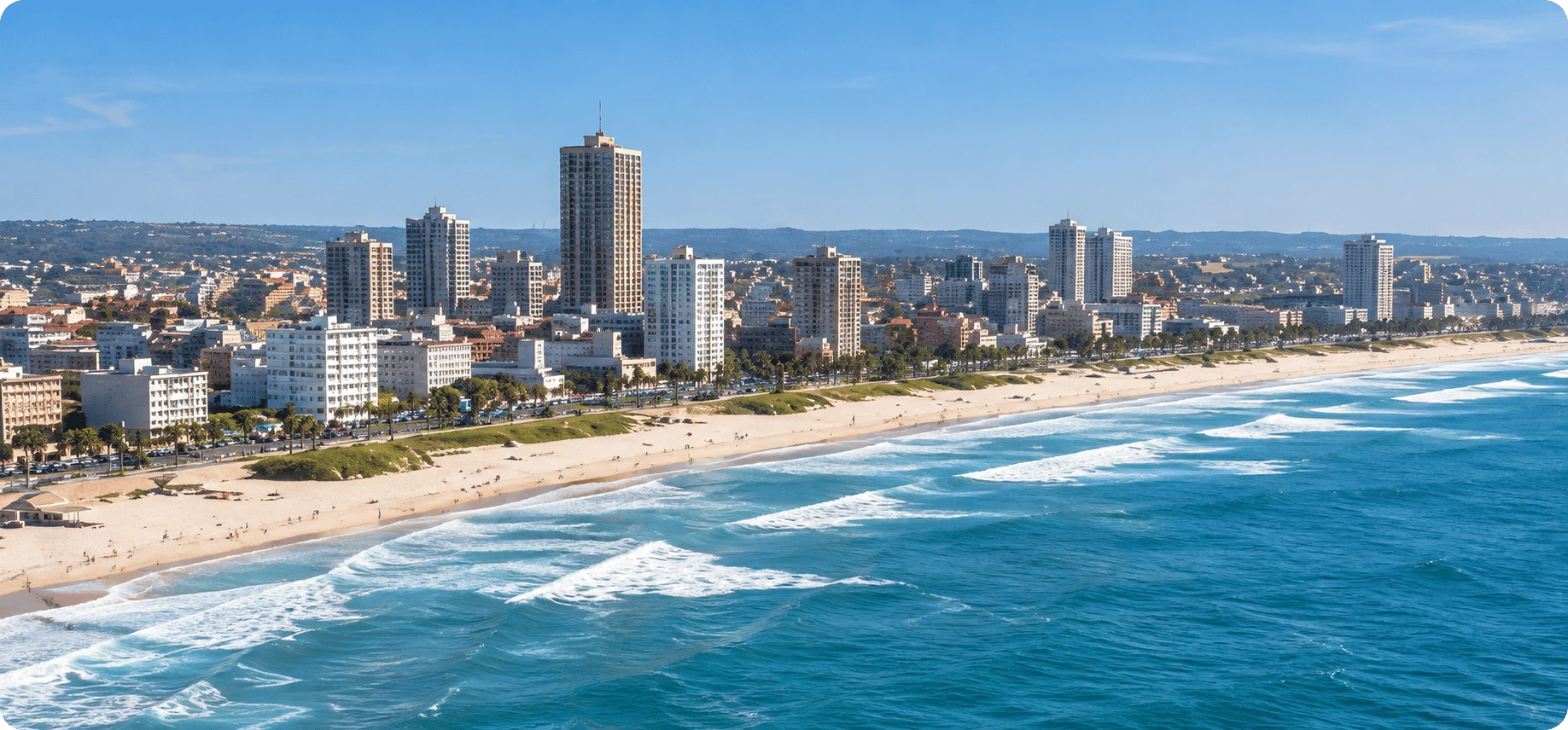 Floor sanding services in Gqeberha and Port Elizabeth, shown with the beachfront skyline and Indian Ocean coastline