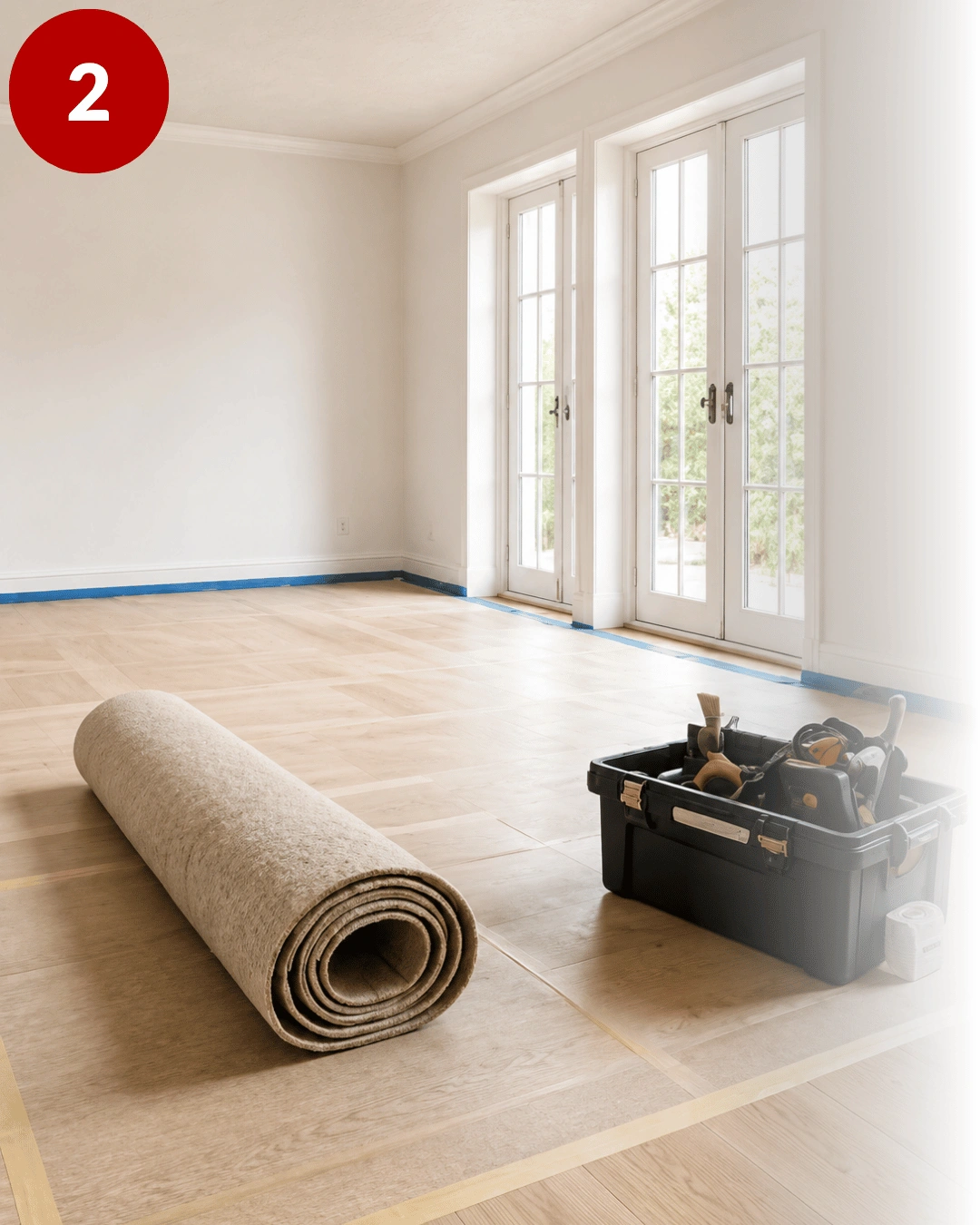 Floor sanding preparation showing a cleared room with protected wooden flooring, rolled carpet and tools ready for work.