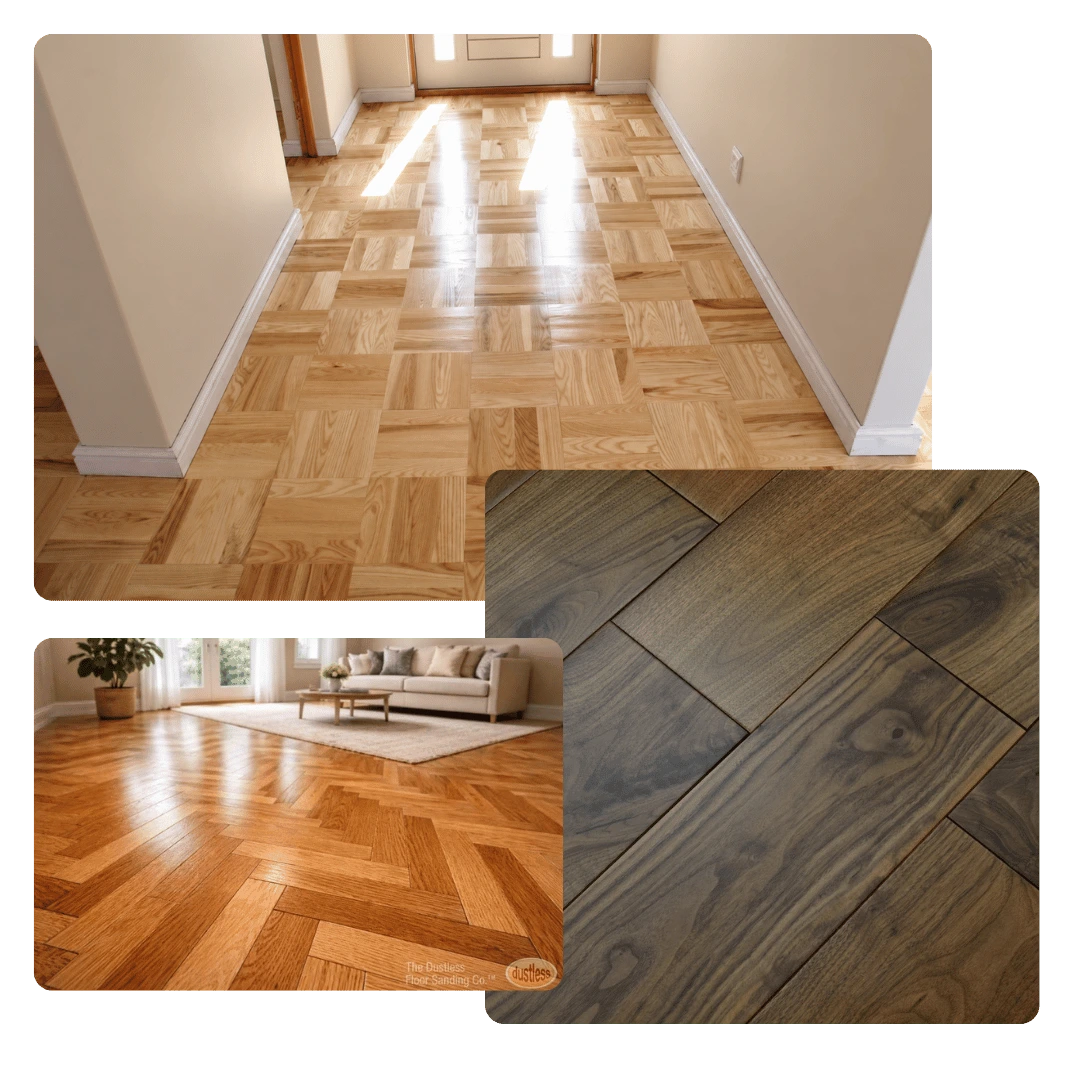 Floor sanding project collage showing restored parquet, herringbone and wooden floors with different finishes and grain patterns.