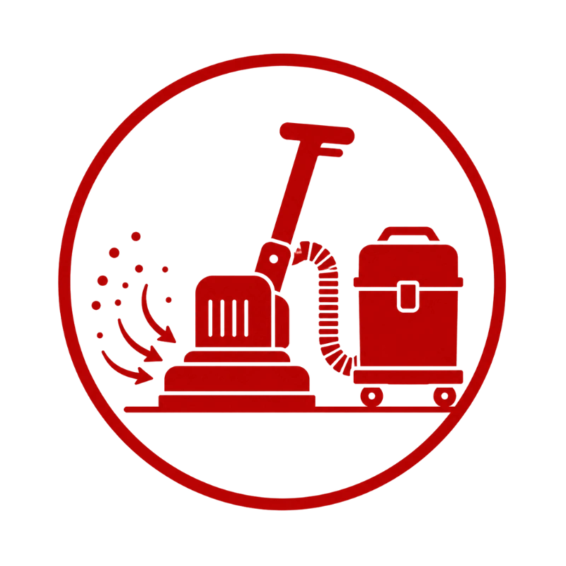 Floor sanding dust extraction icon showing a sanding machine connected to equipment that captures dust close to its source