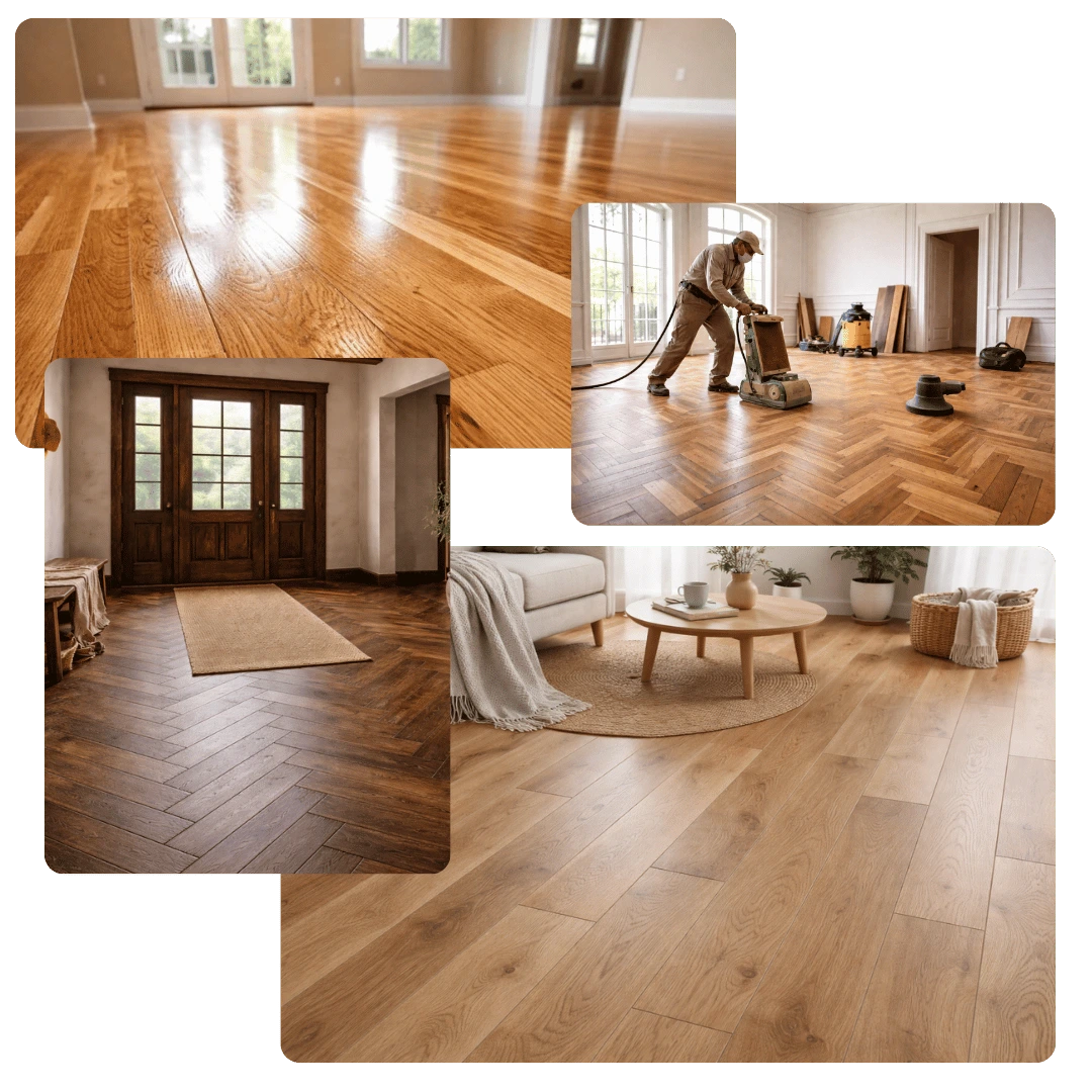 Floor sanding collage showing a technician sanding parquet flooring alongside restored and refinished wooden floors in residential interiors.