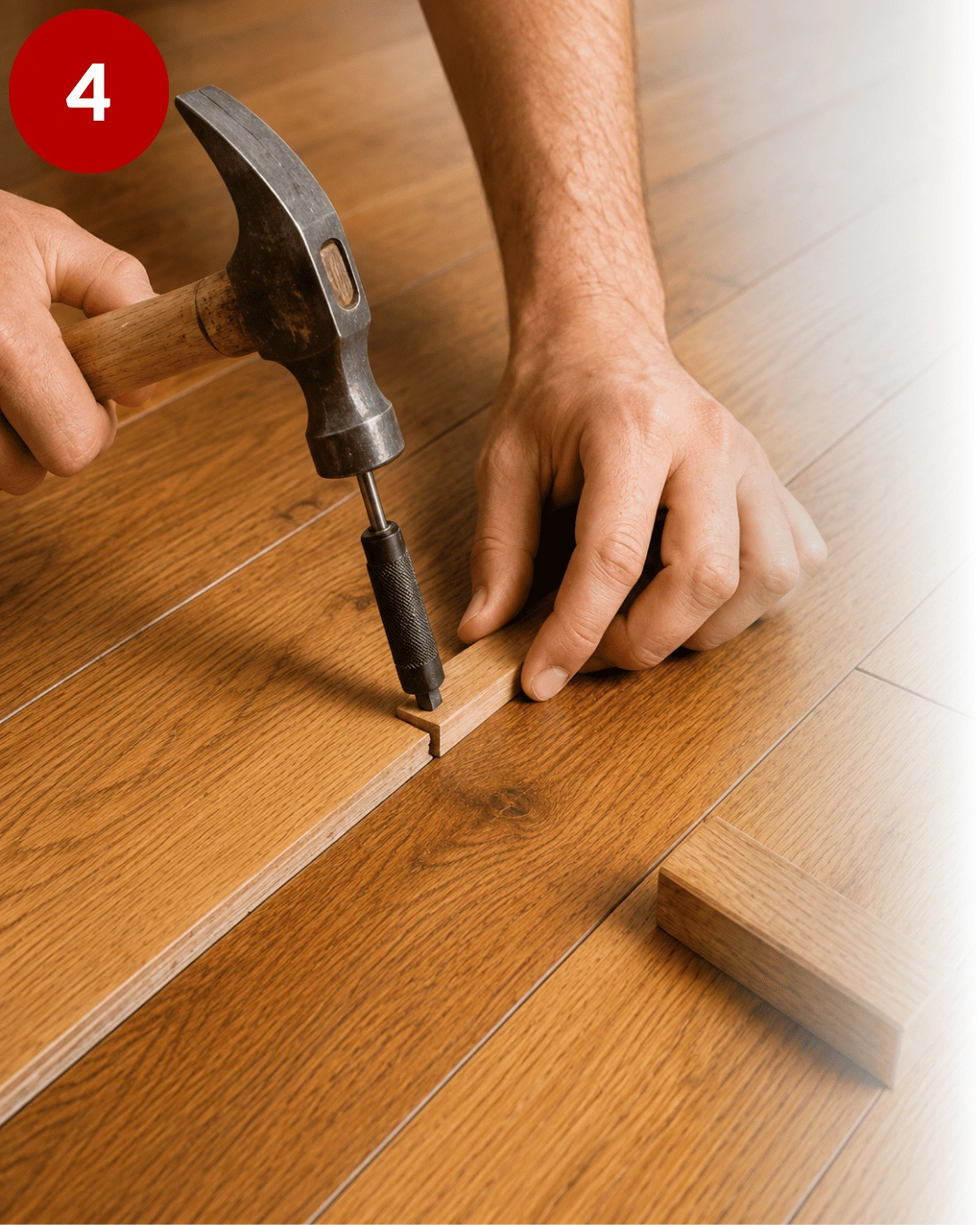 Floor sanding repair work showing a technician securing and repairing a damaged wooden floorboard with hand tools.