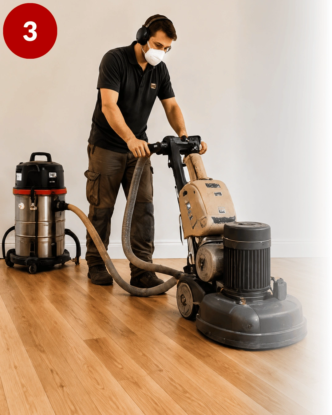 Floor sanding technician using professional sanding equipment connected to a dust extraction system on a wooden floor.