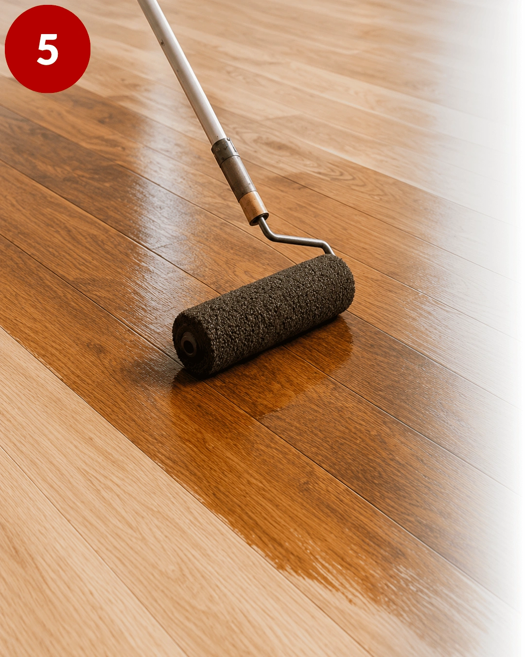 Floor sanding finishing process showing stain or protective coating being applied to freshly prepared wooden flooring with a roller